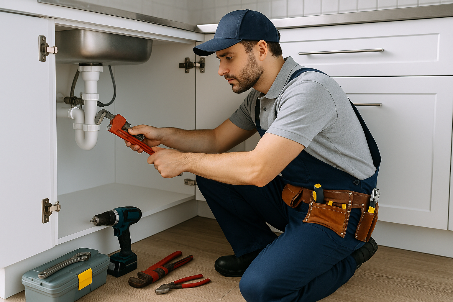 Local plumber repairing a sink in a family kitchen
